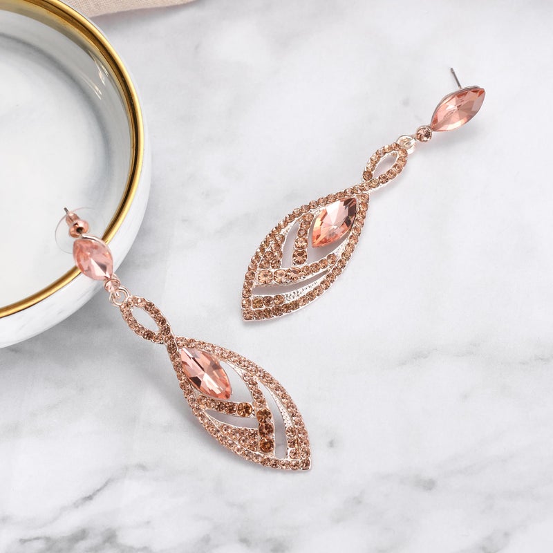 BriLove Statement Long Dangle Earrings for Women Crystal Gorgeous Twisted Dual Teardrop Chandelier Jewelry for Party Prom Peach Rose-Gold-Toned - Image 4